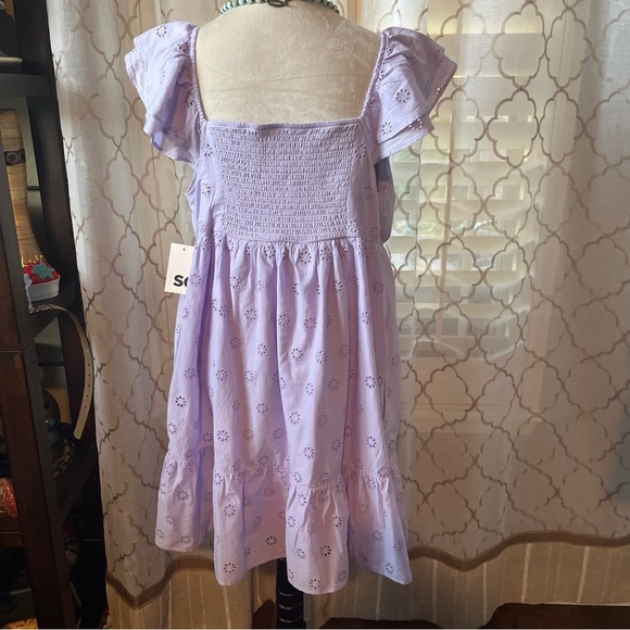SO Jr Sundress Lilac Eyelet fabric Back Smocking Lined Flutter Sleeves JR XL NWT - Picture 3 of 5